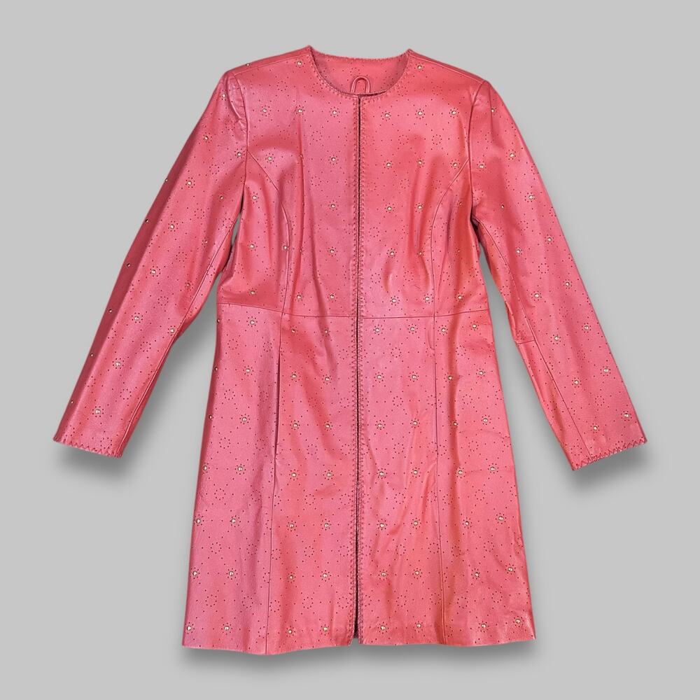Pamela McCoy Red Genuine Leather Perforated Long Jacket - Women’s XS